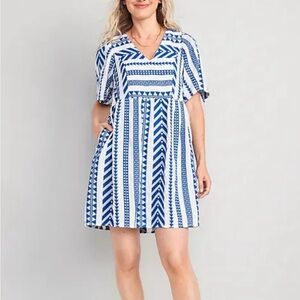 Old Navy Jacquard Mini Swing Blue and White Geometric Print Dress
